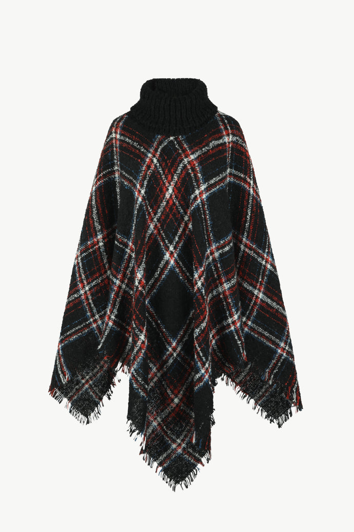 Plaid Turtleneck Fringe Detail Poncho