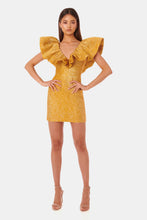 Load image into Gallery viewer, Textured Deep V Ruffled Shoulder Lace-Up Dress
