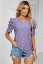 Load image into Gallery viewer, Eyelet Puff Sleeve Round Neck Blouse
