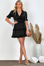 Load image into Gallery viewer, Frill Trim Short Puff Sleeve Plunge Dress
