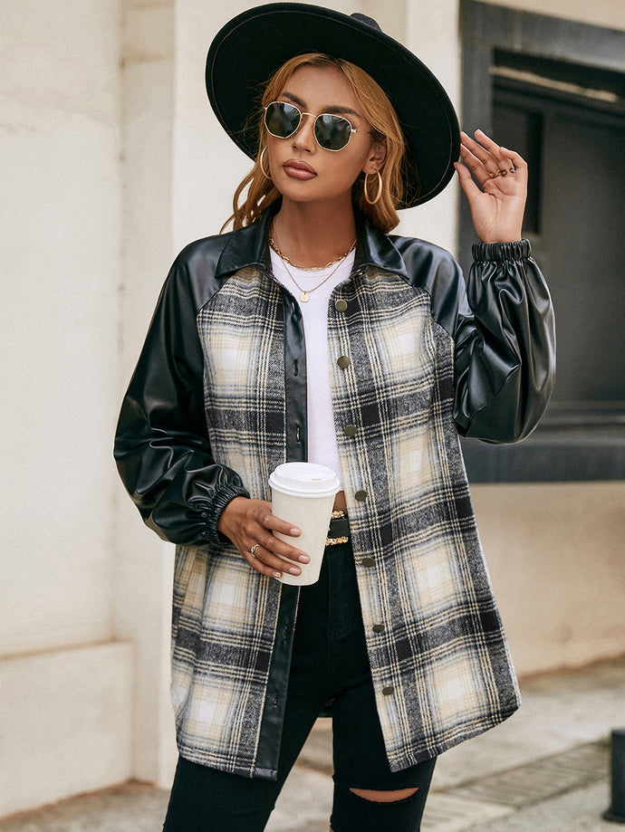 Plaid Button Down Splicing Shirt Jacket