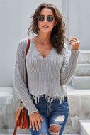 Drop Shoulder Distressed Hem  Sweater