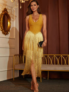 Glitter V-Neck Fringe Hem Midi Bandage Dress