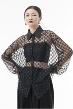 Load image into Gallery viewer, Checkered Curved Hem Button Down Sheer Shirt
