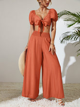 Load image into Gallery viewer, Tie Front Cropped Top and Smocked Wide Leg Pants Set
