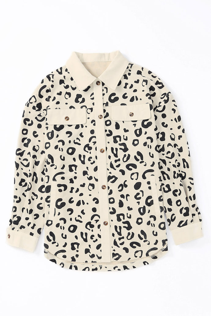 Leopard Curved Hem Corduroy Shirt Jacket