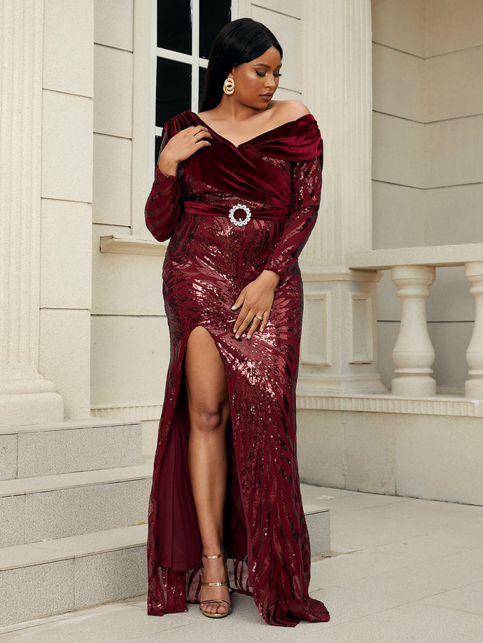 Plus Size Sequin Ruched Tie-Back Split Dress