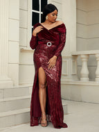 Plus Size Sequin Ruched Tie-Back Split Dress