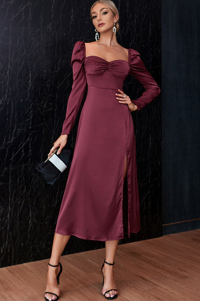 Ruched Puff Sleeve Split Satin Dress