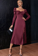 Ruched Puff Sleeve Split Satin Dress