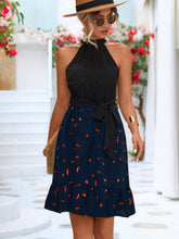 Load image into Gallery viewer, Two-Tone Belted Sleeveless Grecian Neck Dress
