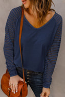 Sheer Striped Raglan Sleeve V-Neck Top