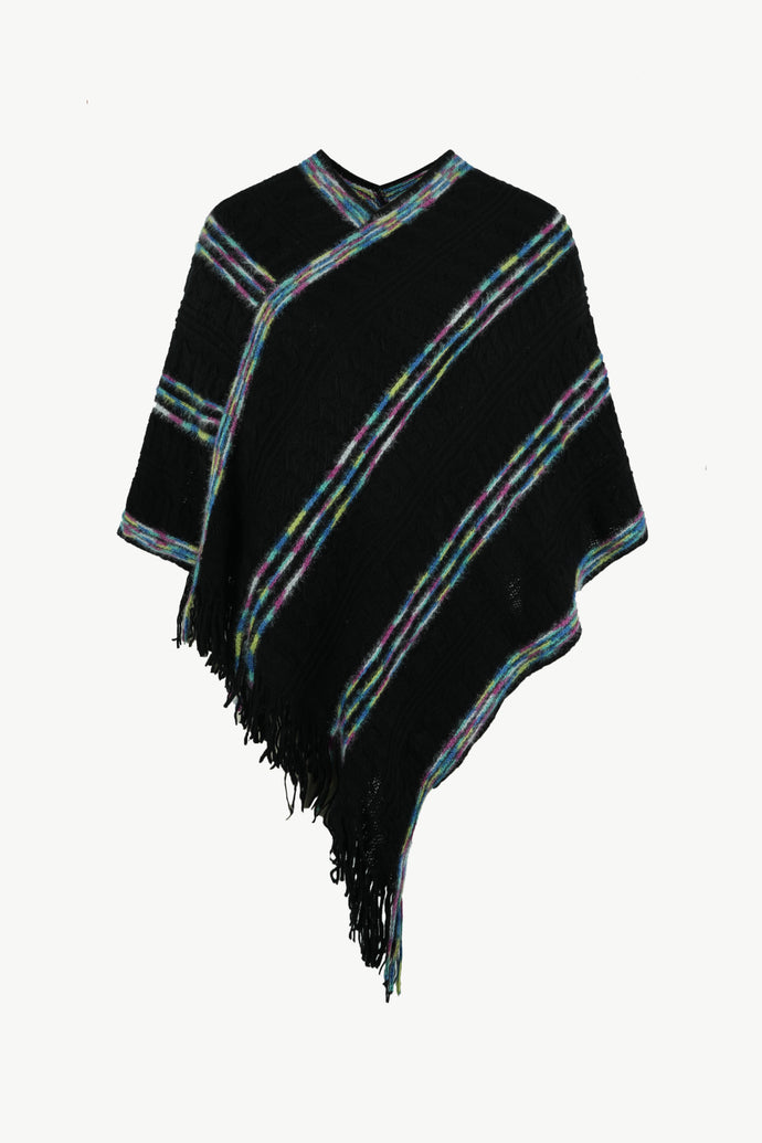 Colorful Stripe V-Neck Asymmetrical Fringe Hem Poncho