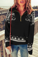 Load image into Gallery viewer, Geometric Ribbed Trim Quarter Zip Sweater
