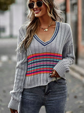 Load image into Gallery viewer, Striped Contrast V-Neck Dropped Shoulder Sweater
