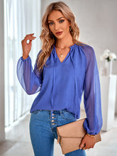 Load image into Gallery viewer, Frill Trim Tie Neck Raglan Sleeve Blouse
