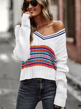 Load image into Gallery viewer, Striped Contrast V-Neck Dropped Shoulder Sweater
