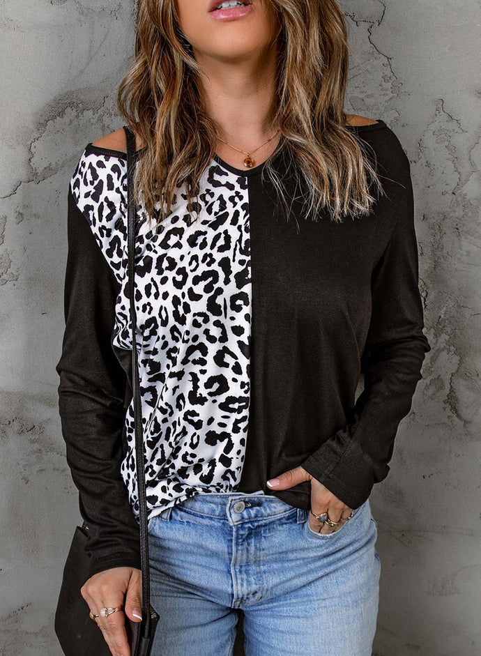 Leopard Color Block Crisscross Back Cold-Shoulder Top
