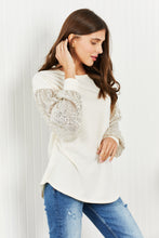 Load image into Gallery viewer, HOPELY Full Size Sequin Puff Sleeve Curved Hem Top in Cream/Taupe
