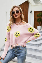 Load image into Gallery viewer, Smiley Face Distressed Round Neck Sweater
