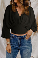 V-Neck Ruched Three-Quarter Sleeve Blouse