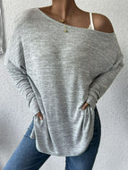 Heathered Asymmetrical Neck Slit Tunic Top
