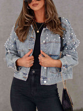 Load image into Gallery viewer, Pearl Trim Button Up Denim Jacket with Pockets
