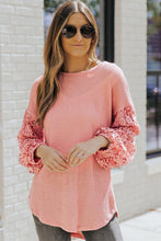 Load image into Gallery viewer, Spliced Lace Balloon Sleeve Waffle-Knit Tunic Top
