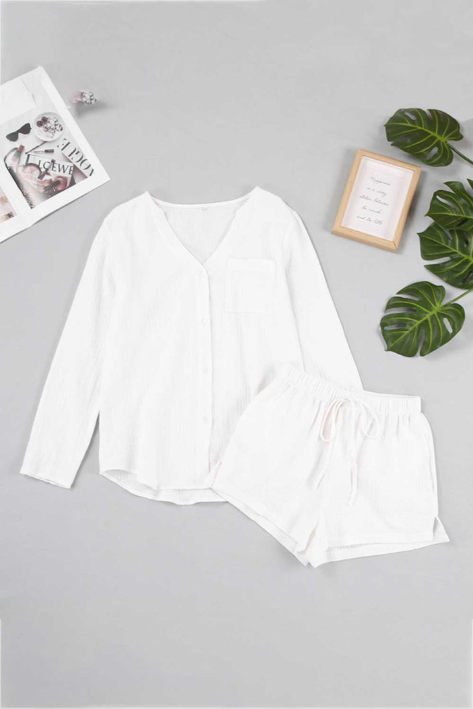 Textured Notched Neck Top and Slit Shorts Lounge Set