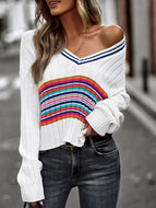 Striped Contrast V-Neck Dropped Shoulder Sweater