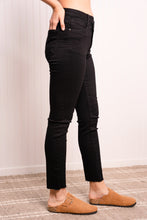 Load image into Gallery viewer, RISEN Full Size Asymmetrical Waist Raw Hem Jeans in Solid Black
