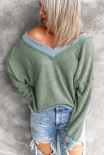 Load image into Gallery viewer, Waffle Knit Contrast Trim V-Neck Top
