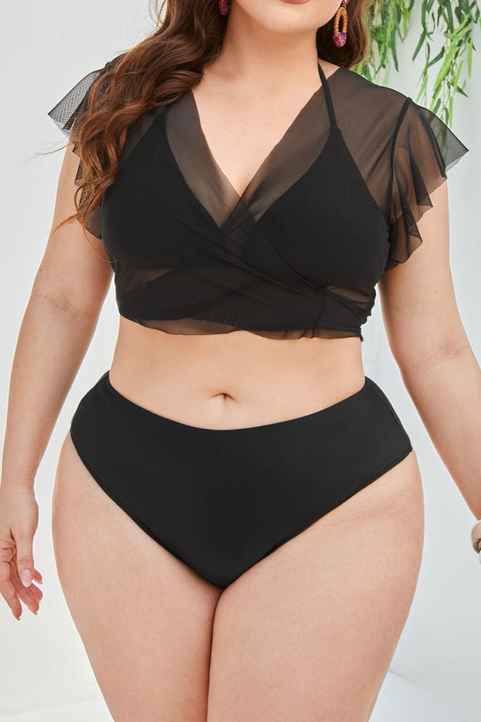 Plus Size Tied Flutter Sleeve Three-Piece Swimsuit