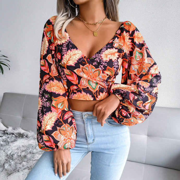 Botanical Balloon Sleeve Cropped Top