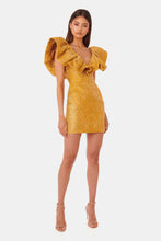 Load image into Gallery viewer, Textured Deep V Ruffled Shoulder Lace-Up Dress
