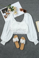 Spliced Lace Lantern Sleeve Cropped Top
