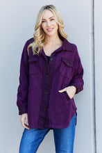 Load image into Gallery viewer, Zenana Cozy in the Cabin Full Size Fleece Elbow Patch Shacket in Dark Plum

