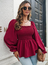 Load image into Gallery viewer, Frill Trim Square Neck Smocked Peplum Top
