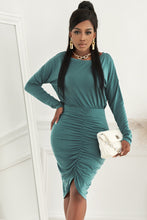 Load image into Gallery viewer, Ruched Boat Neck Long Sleeve Bodycon Dress

