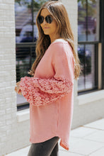 Load image into Gallery viewer, Spliced Lace Balloon Sleeve Waffle-Knit Tunic Top

