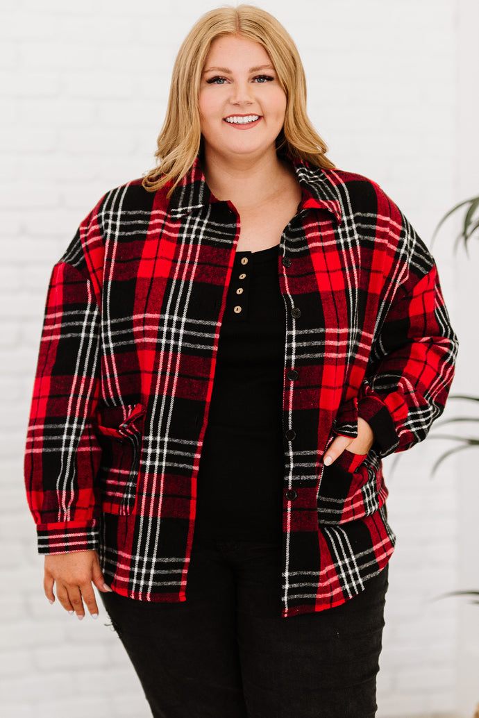 Plus Size Plaid Button Front Shirt Jacket with Pockets