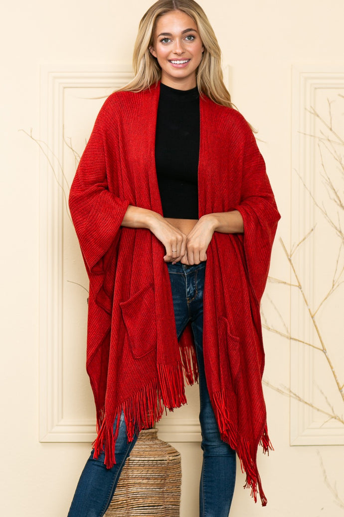 Justin Taylor Fringe Hem Open Front Knit Poncho