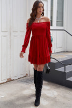 Load image into Gallery viewer, Off-Shoulder Smocked Ruffle Hem Dress
