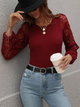 Load image into Gallery viewer, Lace Sleeve Round Neck Ribbed Top
