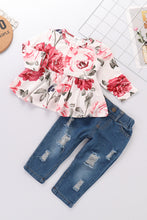 Load image into Gallery viewer, Girls Floral Babydoll Top and Jeans Set
