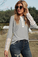 Crochet Lace Sleeve Striped Blouse