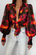 Load image into Gallery viewer, Flower Print Collared Neck Lantern Sleeve Shirt
