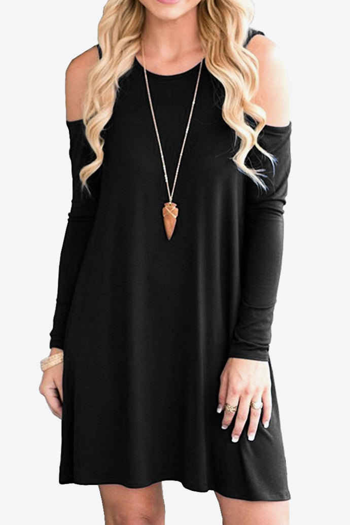 875 Cold-Shoulder Long Sleeve Round Neck Dress