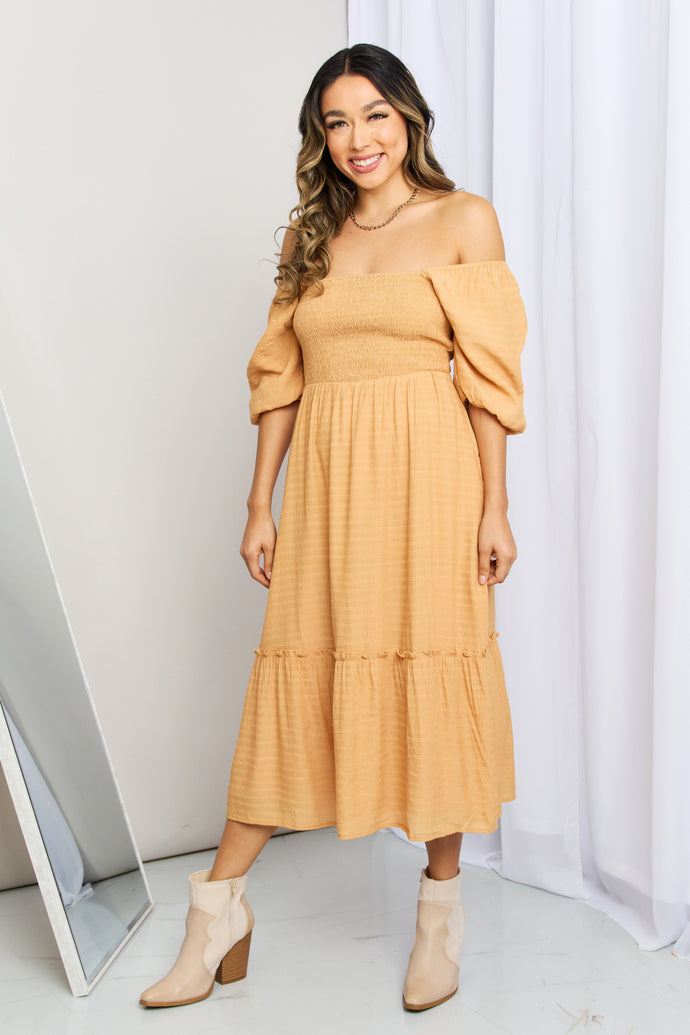 Gilli Smocked Puff Sleeve Frill Trim Midi Dress