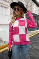 Checkered Round Neck Ribbed Trim Sweater